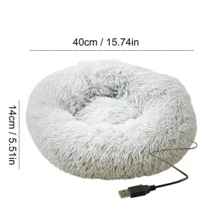 Lit rond pour chien – Tapis pour chien – Nid en peluche longue pour chats – Panier chauffant USB pour chien – Coussin pour animaux – Couchage doux – Fournitures de chaleur hivernale pour animaux.
